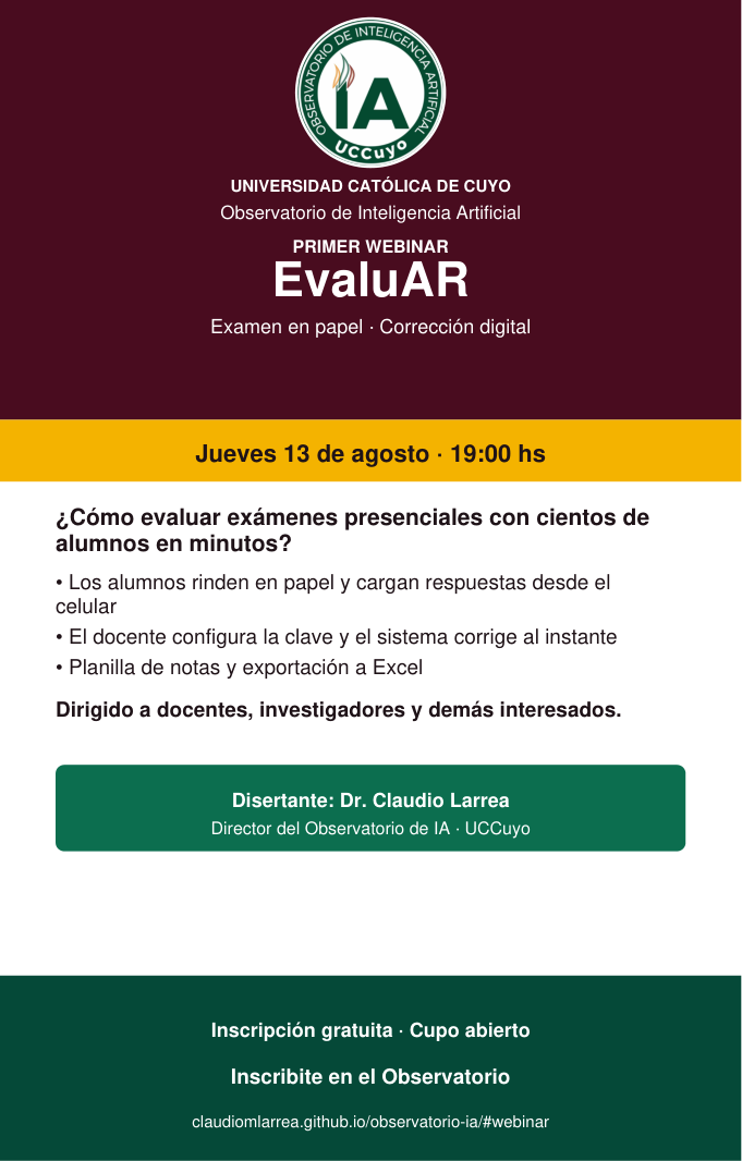 Flayer Webinar EvaluAR — jueves 13 de agosto, 19:00 hs